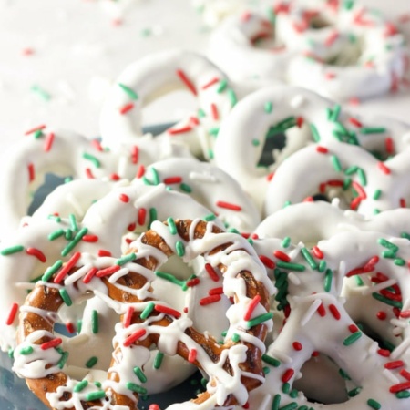 Plate of chocolate covered pretzels with white chocolate
