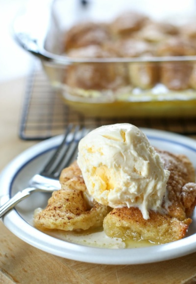 mountain dew apple dumplings with ice cream on a plate