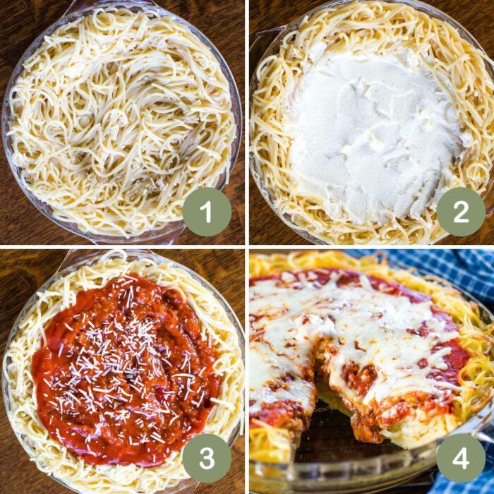showing how to make spaghetti pie in a four step collage