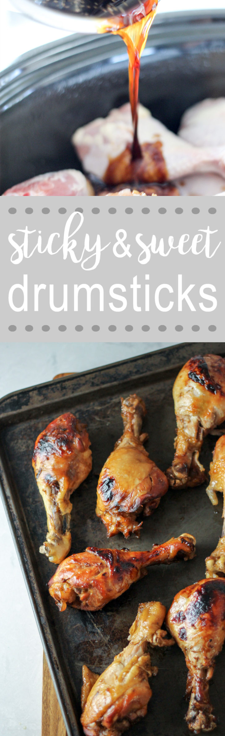 chicken drumsticks with sauce in crockpot and on baking sheet