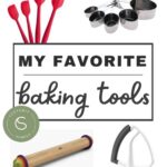 spatula, measuring cups, rolling pin and mixer attachment with title