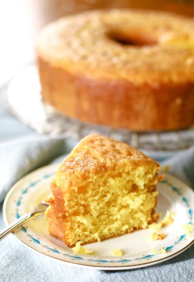 lemon cake on plate with fork
