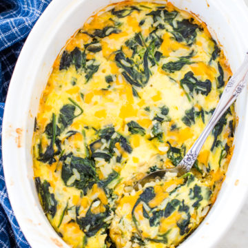 spinach and rice casserole in baking dish