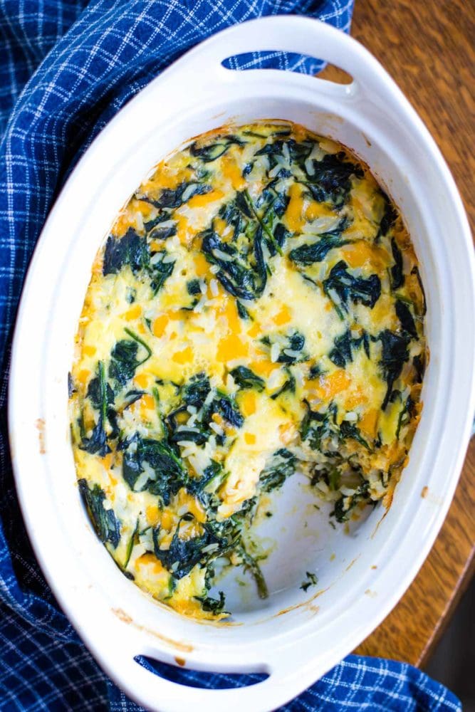 spinach and rice casserole with serving taken out