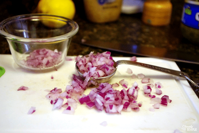 adding red onion to homemade tarter sauce