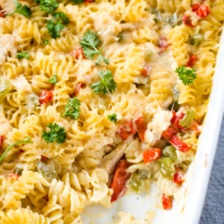 chicken rotini casserole with slice out of it