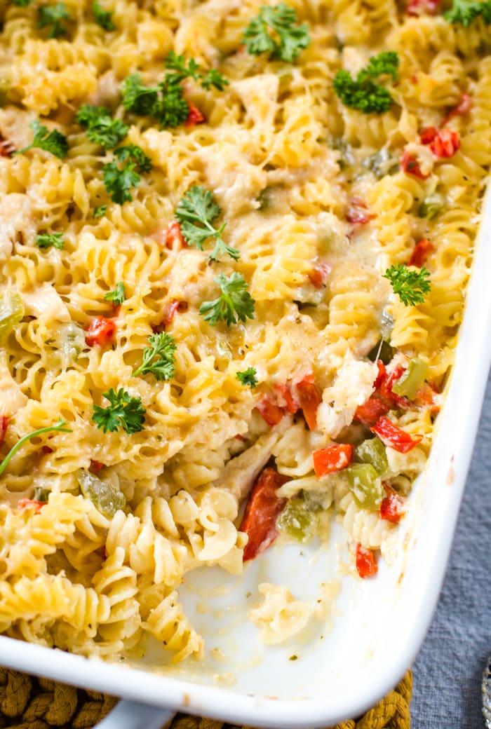 chicken rotini casserole with slice out of it