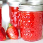 strawberry freezer jam with strawberries