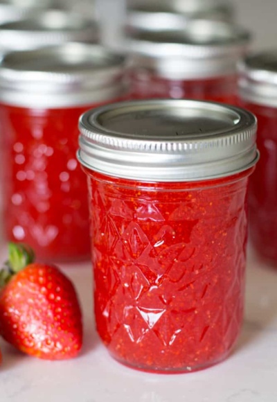 strawberry freezer jam in jar