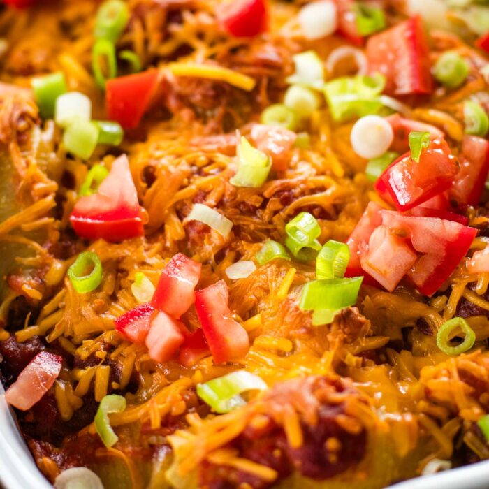 close up of toppings on taco pasta shells casserole