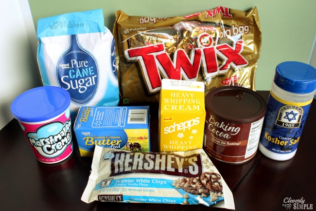 Ingredients you will need to make homemade fudge made with twix candy