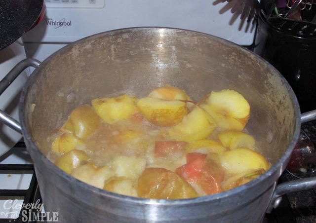 Boiling the apples down to make applesauce