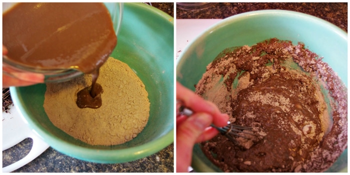 Mixing the dry ingredients with the wet for chocolate cake