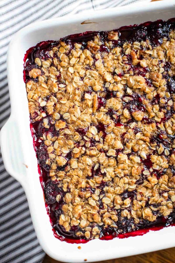 baked blackberry crumble out of the oven