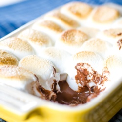 baking dish with smores dip and melted chocolate