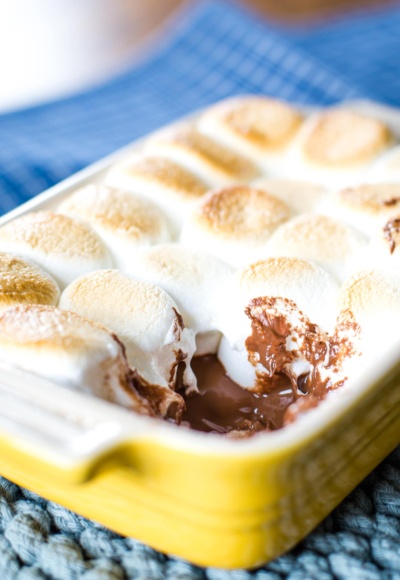 baking dish with smores dip and melted chocolate