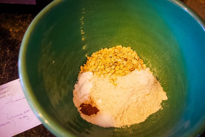 bowl of ingredients for oatmeal pancakes