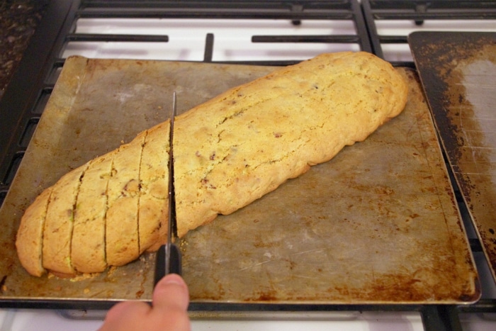 Cutting up the Biscotti to make gifts