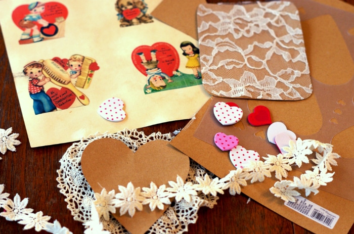 adding lace to make a vintage valentines day card