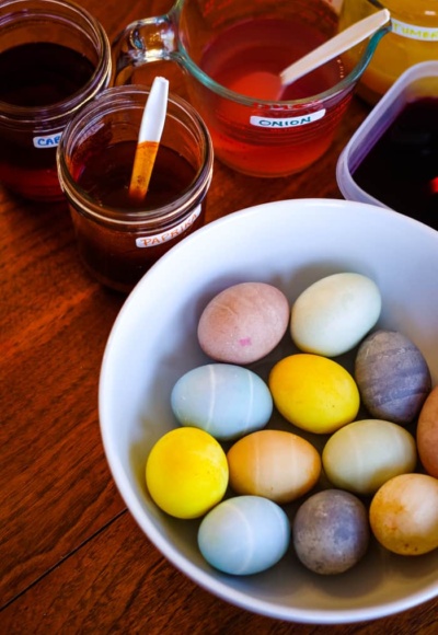 naturally dyed Easter eggs in bowl