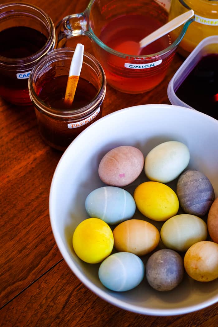 naturally dyed Easter eggs in bowl