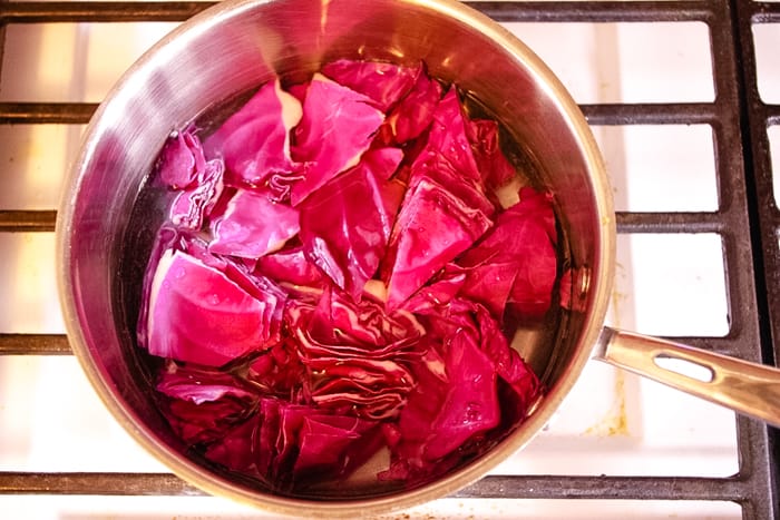 red cabbage in pan to dye Easter eggs