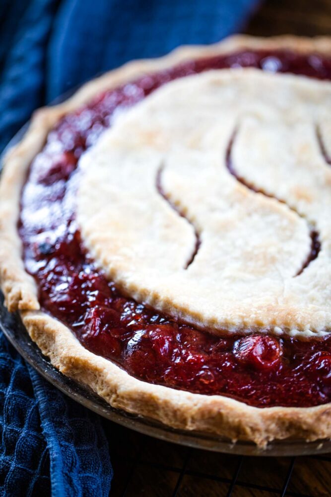 close up of baked cherry pie