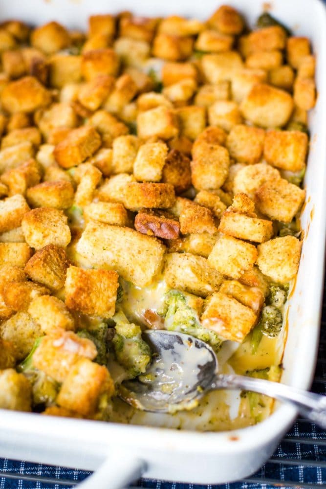 broccoli and cheese casserole in baking dish
