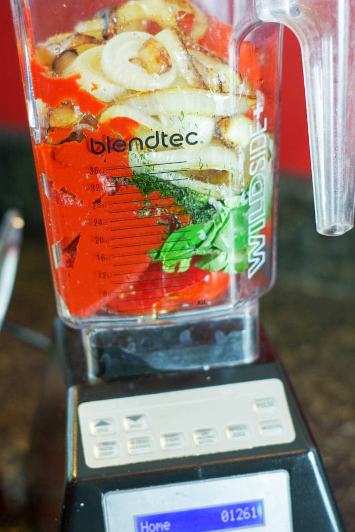 tomato soup ingredients in a blendtec blender