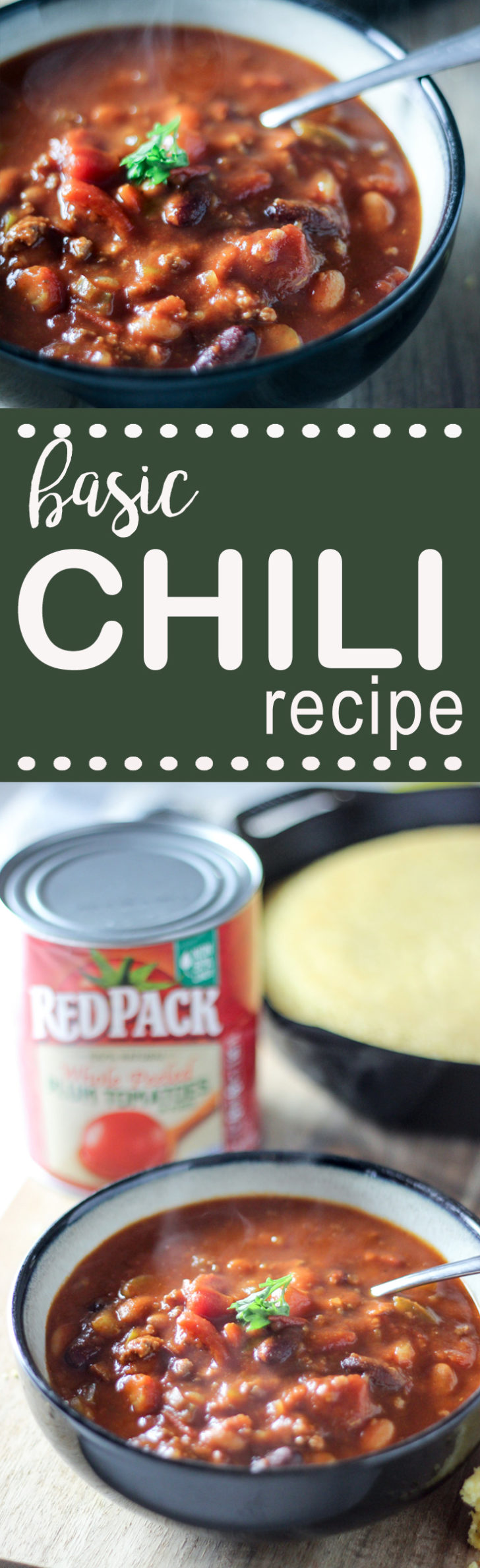 bowls of chili, corn bread and can of Red Pack Tomatoes