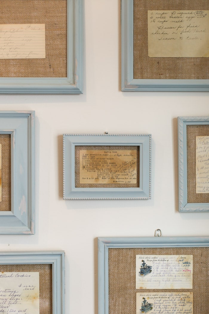 framed recipe cards on wall