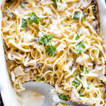 chicken tetrazzini in baking dish with spoon