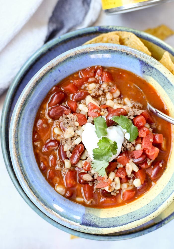 bowl of easy taco soup with sour cream