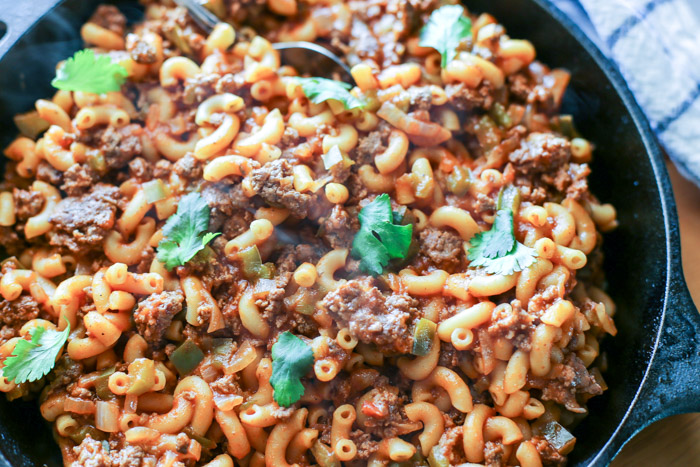 macaroni and beef in skillet fully cooked