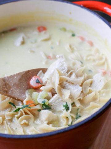creamy chicken noodle soup in pot with spoon