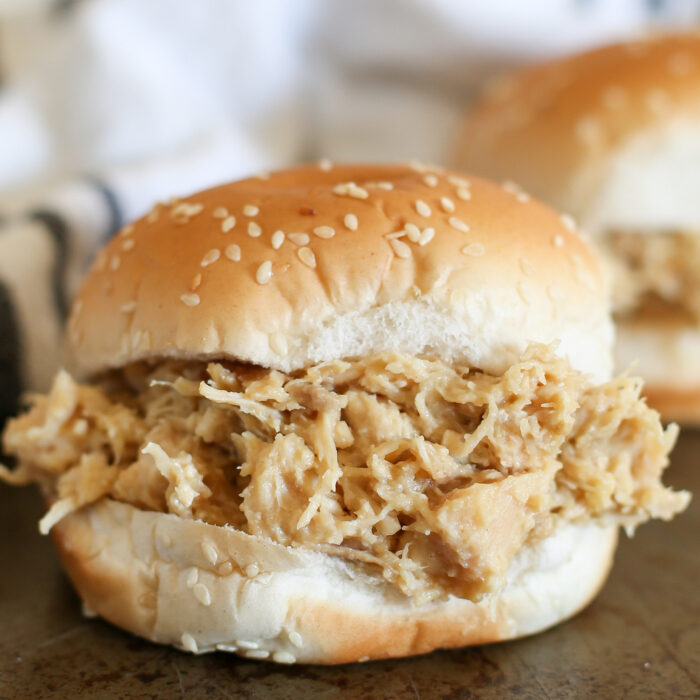 close up of shredded chicken sandwich