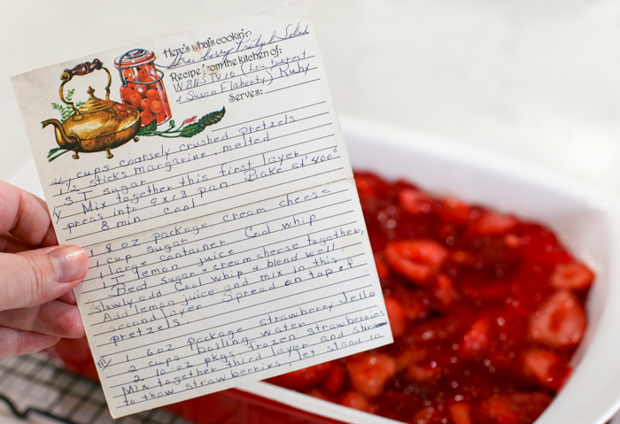 Original recipe card of strawberry pretzel salad