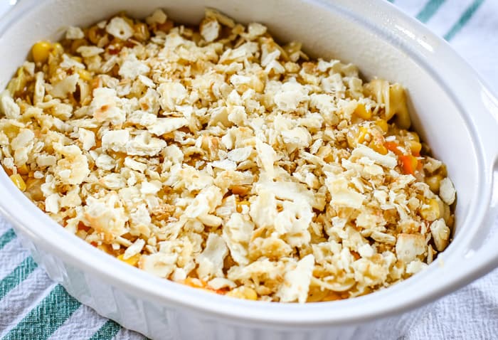 cracker topping on corn and noodle casserole