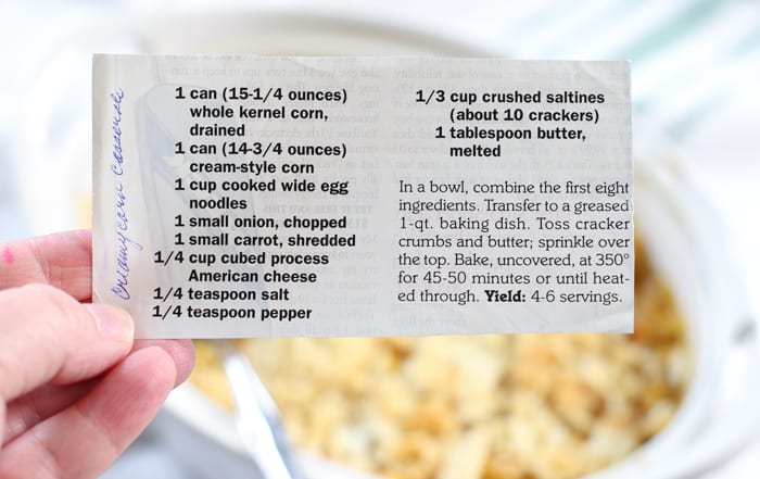 corn and noodle casserole recipe card