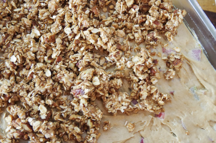 easy rhubarb cake recipe crumble on top of batter