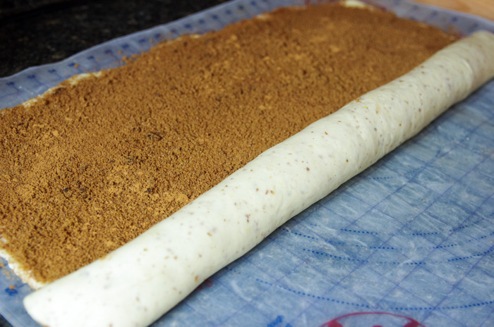 vegan cinnamon roll filling in rolled dough