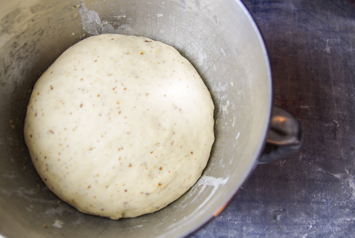 vegan cinnamon roll dough in mixer rising