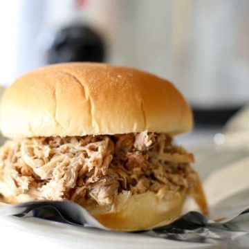 Easy pulled pork slow cooker recipe in bun on plate