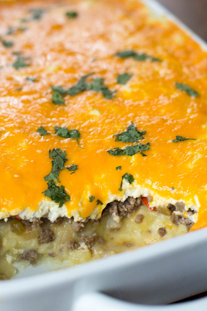 side view of layers of ground venison casserole recipe