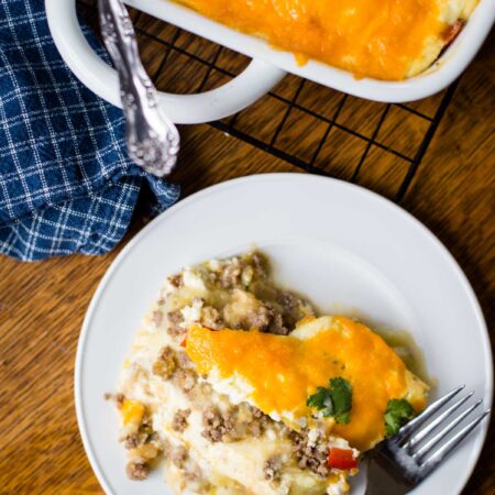 hunters casserole with ground venison on plate with serving casserole