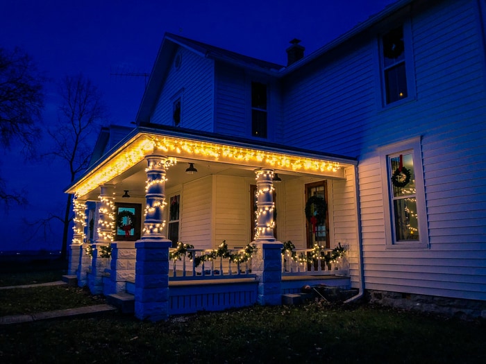 farmhouse with christmas lights