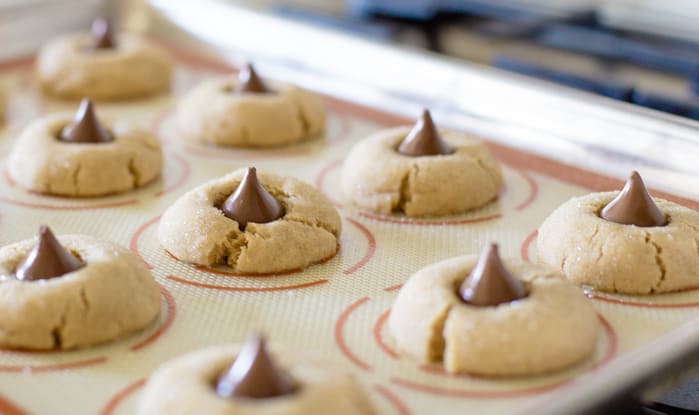 peanut butter blossoms on cookie pan