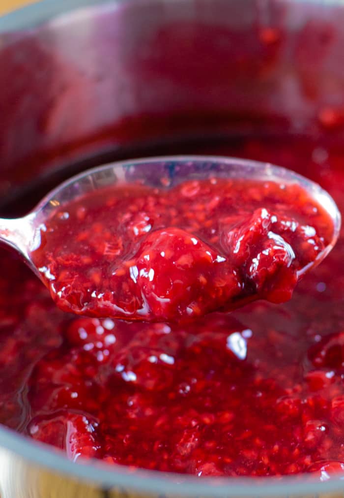 raspberry sauce made with frozen raspberries for cake pancakes ice cream