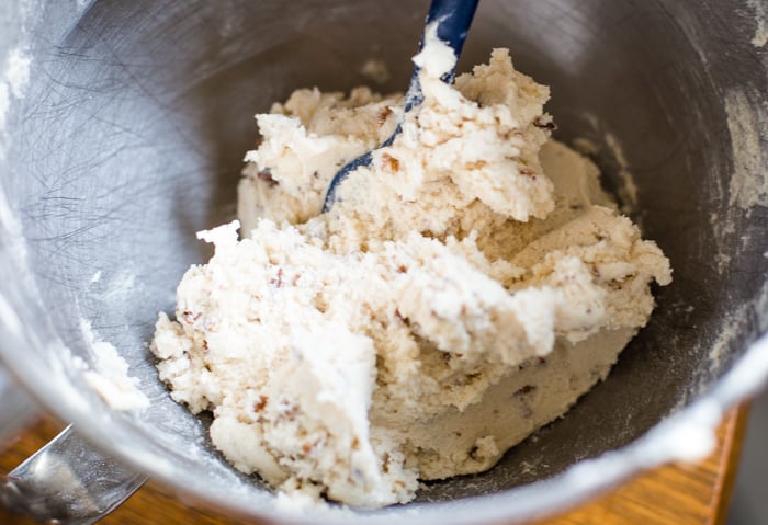 cookie dough in bowl with spatula