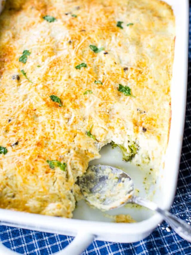 close up of chicken divan in baking pan